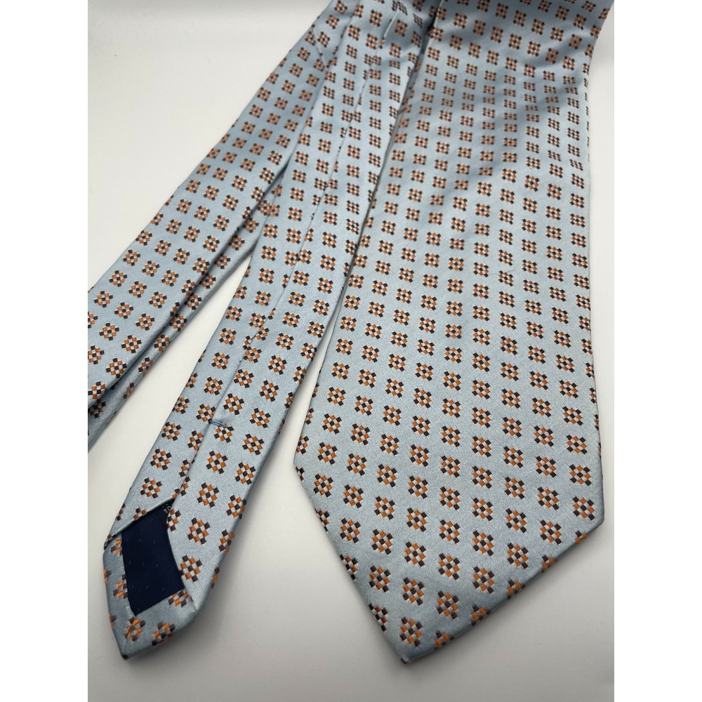 Sotheby's Mens Silk Necktie Light Blue Orange Brown Geometric Diamond Italy
